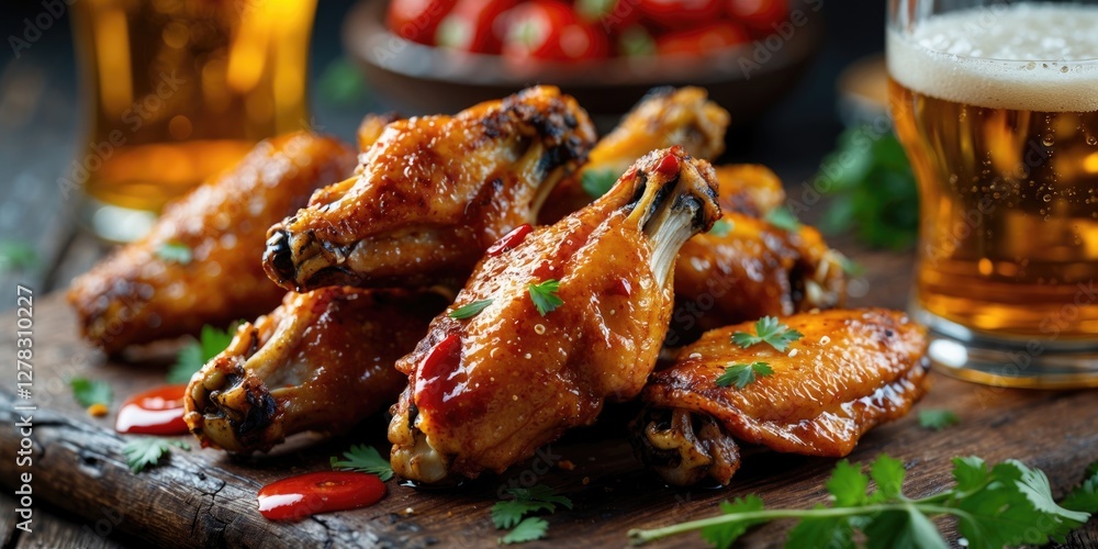 Poster spicy chicken wings piled closeup with beer on wooden board and empty space for text in a rustic set