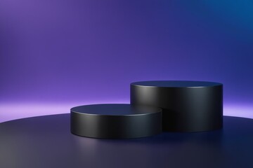 Two black cylinder podiums on purple background