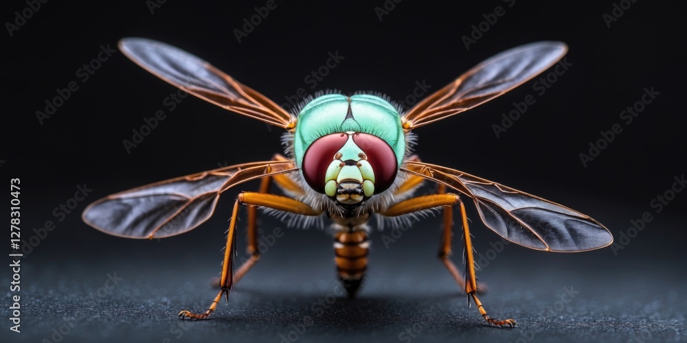 Poster detailed macro shot of a hoverfly against a black background with space for text overlay