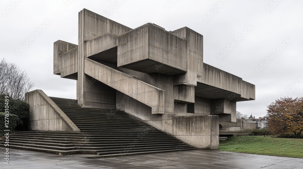 Poster a dramatic brutalist public monument with bold, sharp lines and a concrete structure that feels both