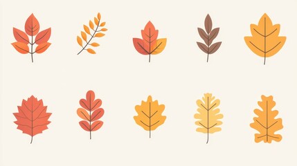 Obraz premium A colorful collection of illustrated autumn leaves in various shapes and shades of red, orange, and yellow, creating a warm seasonal aesthetic.