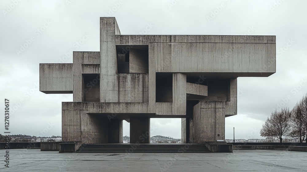 Poster a dramatic brutalist public monument with bold, sharp lines and a concrete structure that feels both