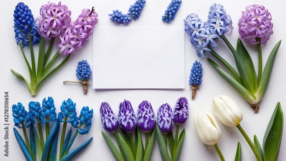 Poster spring blooms flat lay with hyacinth and tulips on white background featuring blank card for persona