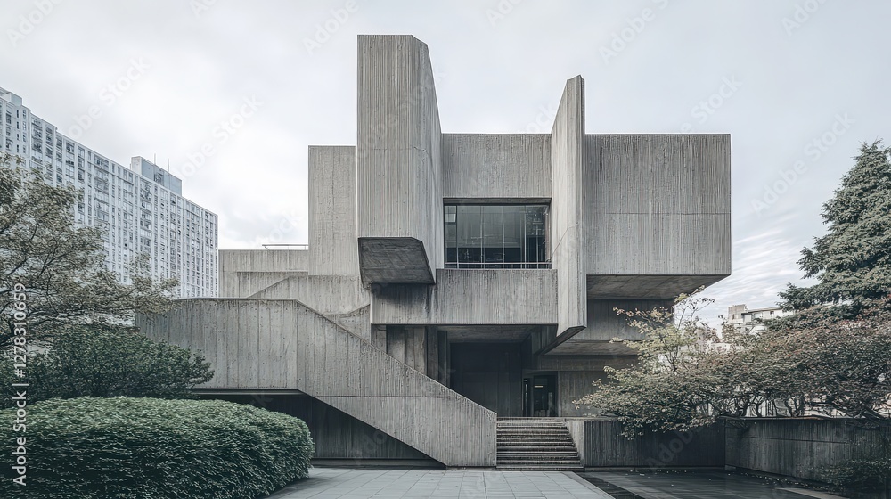 Poster a dramatic brutalist public monument with bold, sharp lines and a concrete structure that feels both