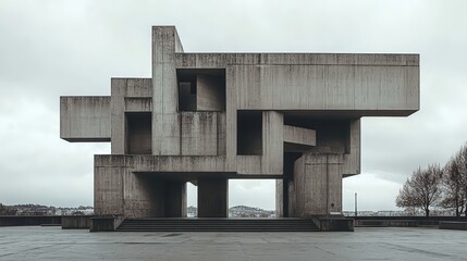 A dramatic Brutalist public monument with bold, sharp lines and a concrete structure that feels both monumental and imposing in the city