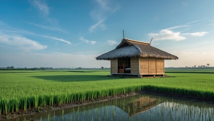 Serene Thatched Hut Surrounded by Vibrant Green Rice Fields Under a Clear Blue Sky Nature Landscape Photography