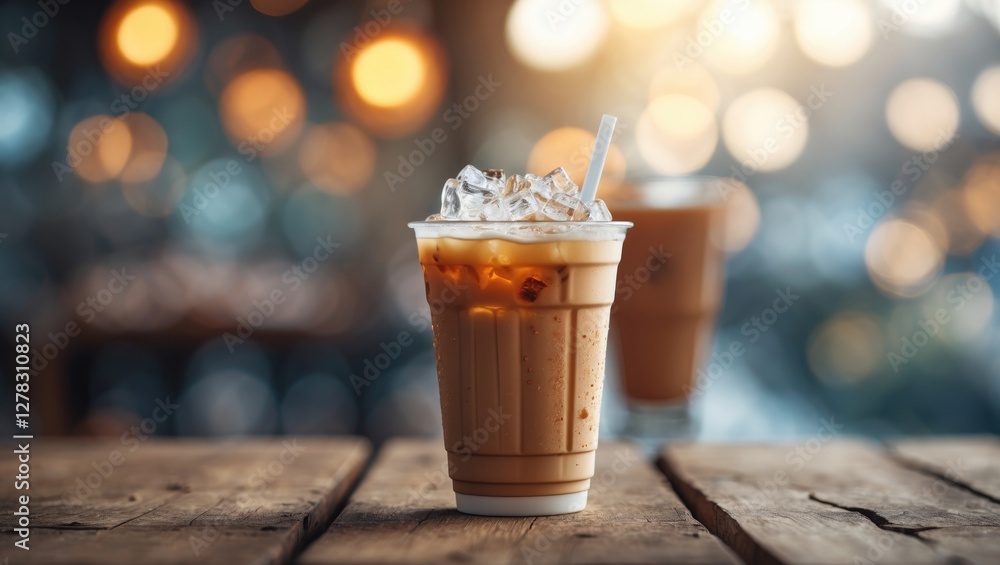 Poster iced coffee in clear cup on rustic wooden table with blurred bokeh background and space for text or 