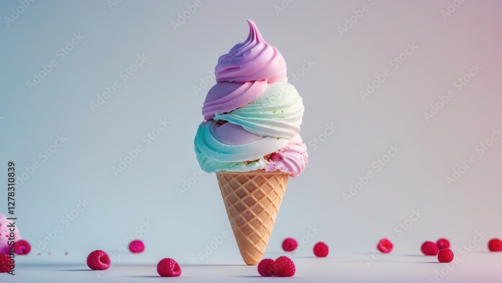 Poster colorful ice cream cone with swirl topping isolated on white background surrounded by fresh raspberr