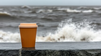 Naklejka premium Brown coffee cup on seawall with ocean waves in background