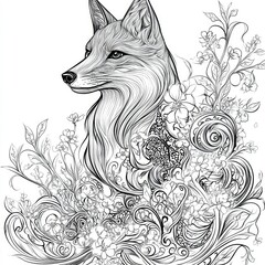Obraz premium Ornate Fox Amidst Flourishing Floral Design A Black and White Line Art Illustration