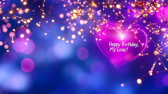 Romantic birthday celebration with heart-shaped lights and message in purple and pink glow