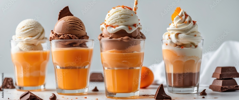 Poster delicious ice cream sundaes in transparent glasses on a light background with chocolate garnish and 