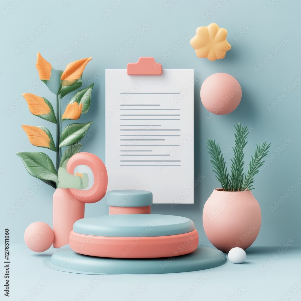Poster 3d style document scene with colorful elements on white background