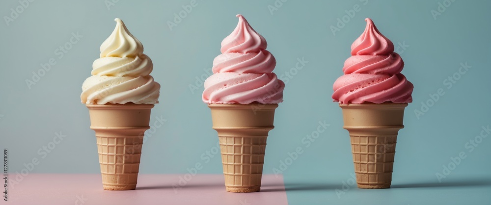 Poster three colorful soft serve ice cream cones on flat pastel background displaying a fun and refreshing 