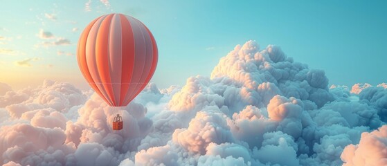 A brightly coloured balloon floating above the clouds creates a sense of lightness and adventure, ideal for advertising travel services or children's books.