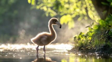 Fototapeta premium Charming Baby Flamingo Wading in Serene Misty Pond Environment