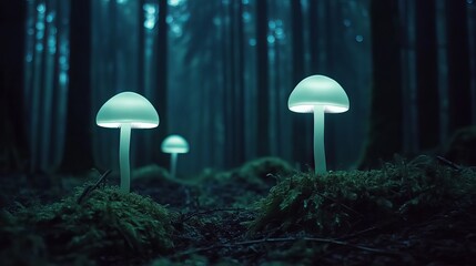 Fototapeta premium Glowing mushrooms illuminate mysterious forest scene at night