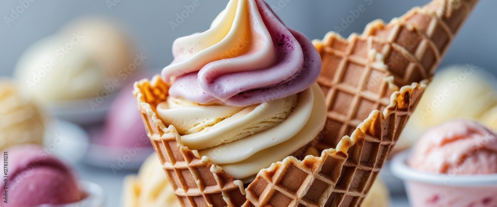 Poster soft serve ice cream in waffle cone with varied flavors and empty space for text ideal for dessert p