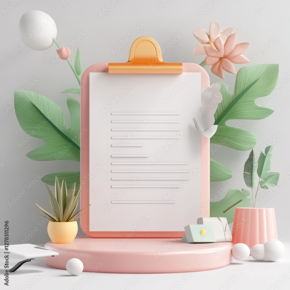 Poster 3d styled document scene with white background and decorative elements
