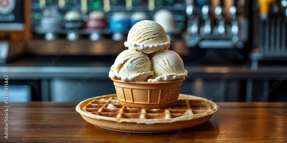 Poster delicious scoops of ice cream in a waffle bowl on a wooden countertop with a blurred background and 
