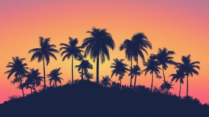 Silhouette of palm trees against a vibrant sunset, creating a serene tropical atmosphere.