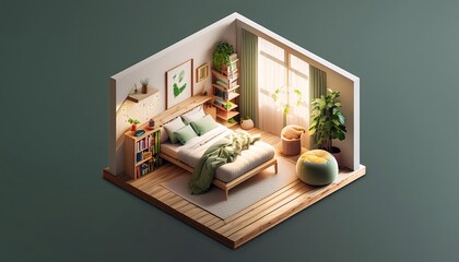 Cozy Minimalist Bedroom Isometric View - Isometric illustration