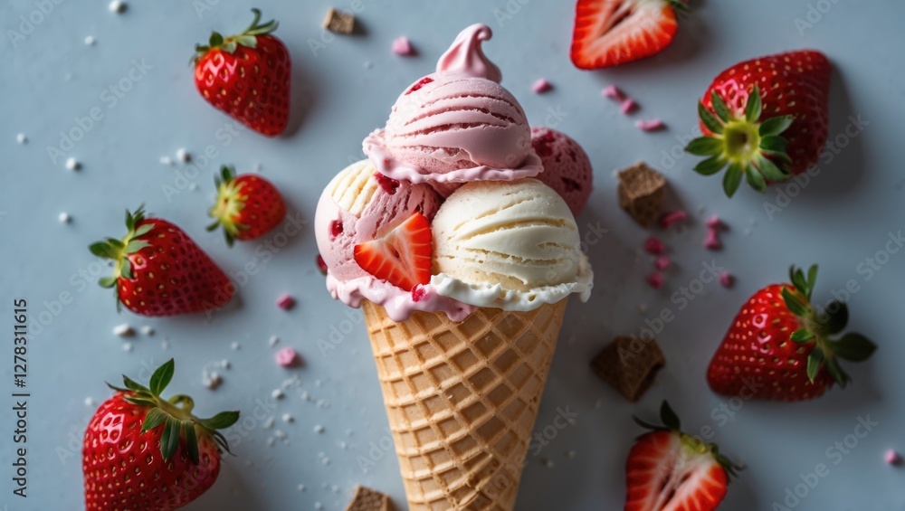 Aufkleber delicious ice cream cone with strawberry toppings and fresh berries on light background with blank s