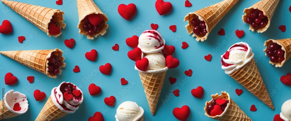 Poster colorful waffle cones filled with ice cream and heart-shaped toppings on a blue background creating 