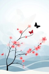 Cherry blossoms butterflies in serene landscape
