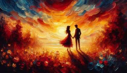 Fototapeta premium Ethereal Sunset Embrace: A Couple's Journey into the Radiant Horizon 
