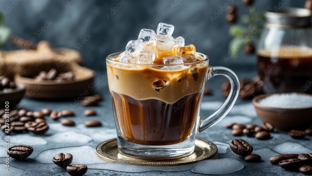 Poster iced coffee with frosty cubes in glass surrounded by coffee beans and empty space for text and desig