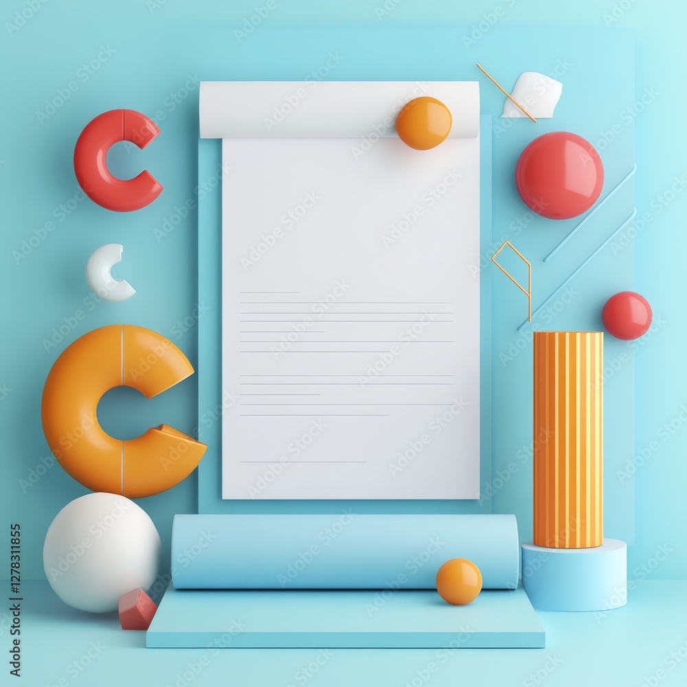 Poster 3d style document scene with geometric shapes and light background