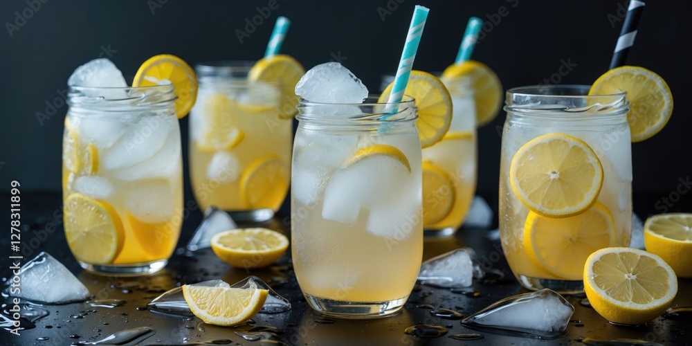 Poster refreshing lemonade jars with ice and lemon slices on dark table surface
