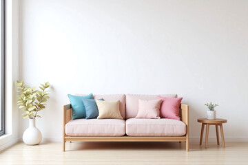 Modern living room white sofa wooden frame colorful pillows