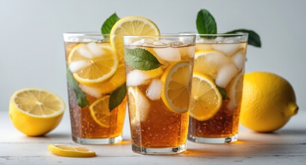 Fototapeta premium Refreshing Ice Lemon Tea with Lemon Slices and Mint Leaves in Glasses on White Background Perfect for Summer Beverage Promotions