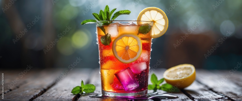 Poster refreshing iced tea with lemon and mint garnish in a rustic setting