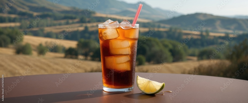 Poster refreshing iced tea with lime on a brown table overlooking a serene landscape of rolling hills and f