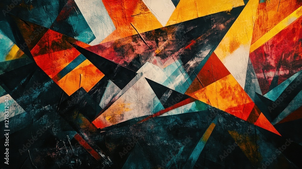Poster a dynamic composition of sharp triangles and rectangles layered over each other, creating an edgy, e