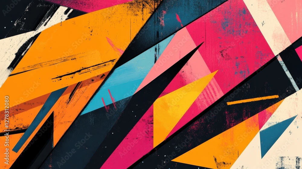 Poster a dynamic composition of sharp triangles and rectangles layered over each other, creating an edgy, e