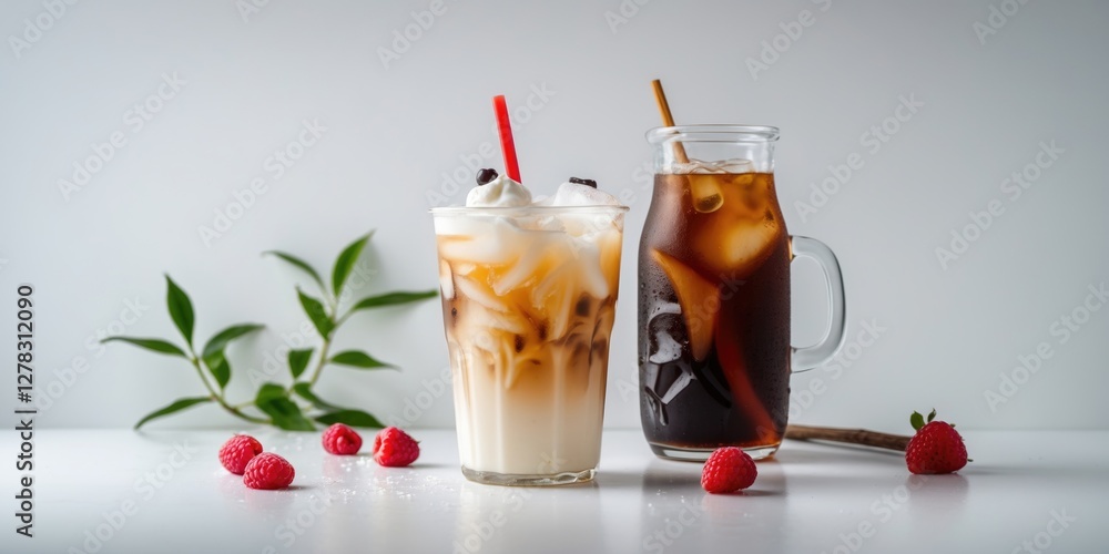 Poster iced tea and milk drinks with raspberries on white background featuring empty space for text overlay
