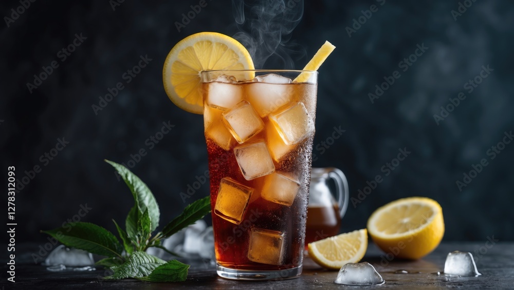 Poster refreshing iced tea with lemon slice and mint leaves on dark background with ice cubes and subtle st