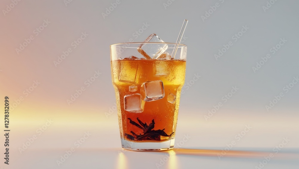 Poster refreshing iced tea with ice cubes in glass isolated on soft gradient background