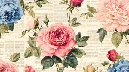 Vintage floral newspaper texture background, with peonies and roses
