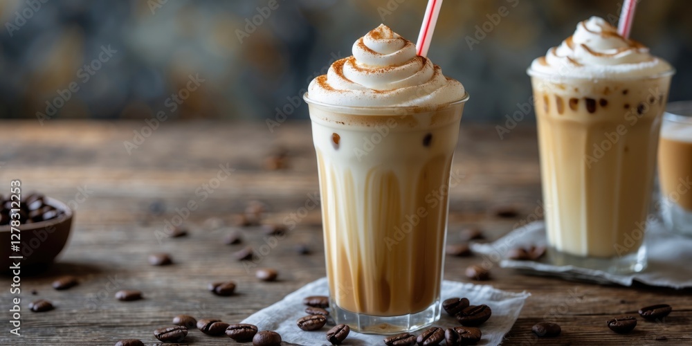 Poster iced cafe latte with whipped cream in a glass surrounded by coffee beans on a rustic wooden table wi
