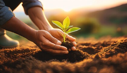 Hands Planting Seedling at Sunset - Sustainability