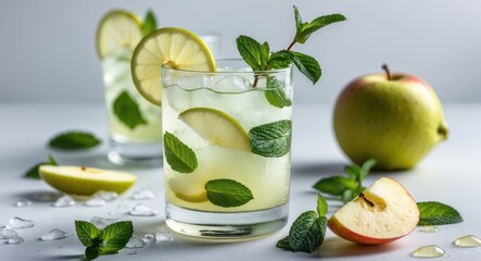 Fototapeta premium Refreshing Iced Apple Mint Lemonade with Fresh Ingredients and Garnish Isolated on White Background