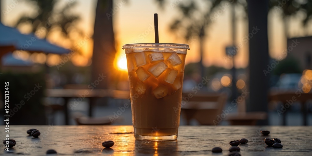 Aufkleber iced coffee backlit by a sunset with soft shadows and empty space for text or branding