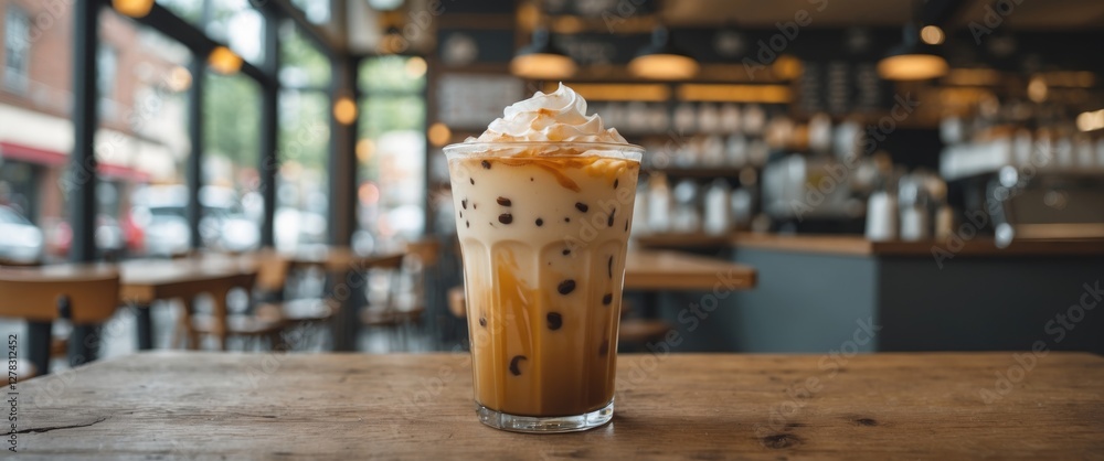 Poster Iced Coffee Beverage In Cafe Setting With Whipped Cream And Empty Space For Custom Text Addition