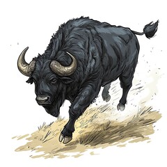 Powerful Black Bull Charging Across Dusty Ground - Artistic Illustration.