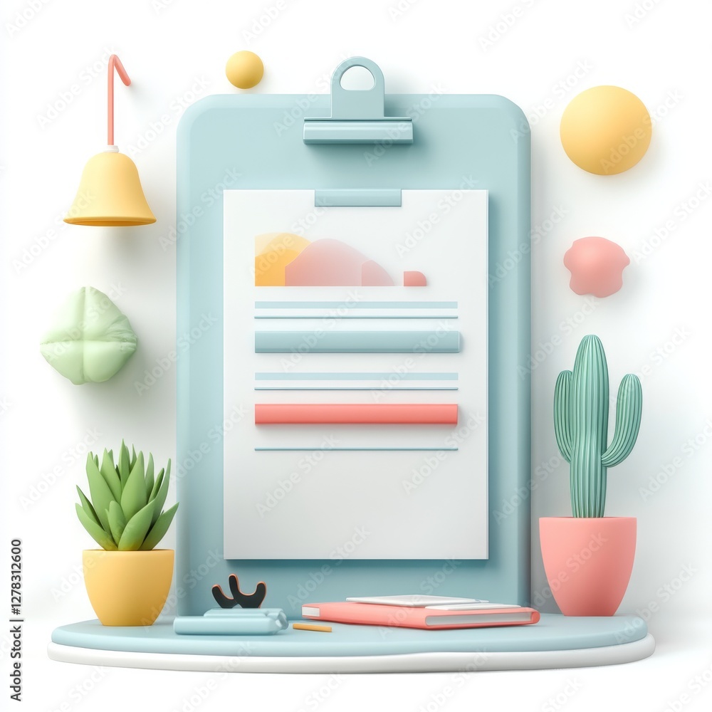 Poster 3d styled document on clipboard with colorful background elements